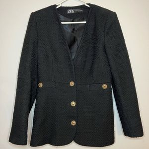 ZARA Black Tweed Single-Breasted Blazer